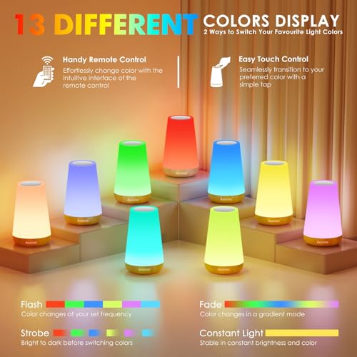 Auxmir LED Night Light Bedside Lamp Touch and Remote Control Dimmable Tabletop 13 RGB Colors Changing 5 Brightness Adjusta...