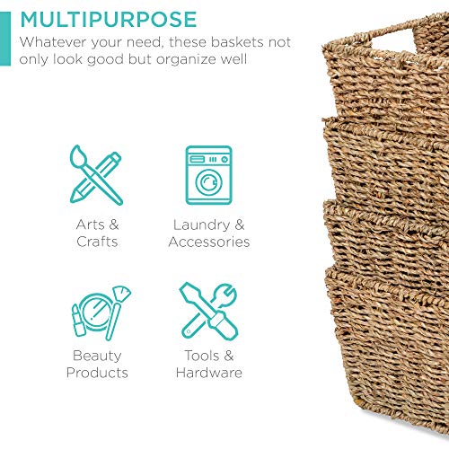 Best Choice Products Rustic Set Of 4 Multipurpose Stackable Seagrass Storage Basket, Handwoven Laundry Organizer Totes for...
