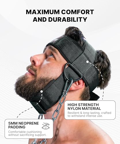 DMoose Fitness Neck Harness for Weight Lifting - Soft Padded Head & Chin Strap with 30" Heavy Duty Steel Chain - Neck Exer...