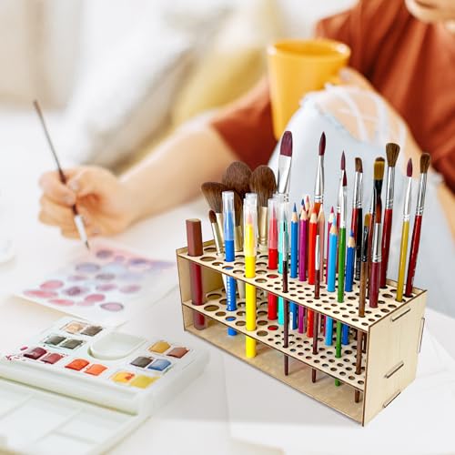 HESHUYU Wooden Paint Brush Holder 105 Holes Paintbrush Holder Organizer Paint Brush Stand Rack with Silicone Rings for Pen...