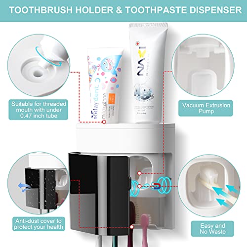 GFWARE Toothbrush Holder Toothpaste Dispenser Wall Mounted with Cover, 4 Slots Tooth Brush Storage Organizer with Automati...
