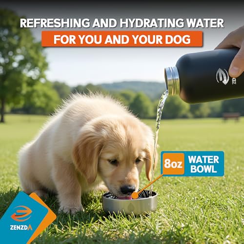 ZENZDA 3-in-1 Dog Water Bottle – Insulated Stainless Steel Travel Bottle with Food Bowl, Leakproof, Carrying Bag & Brush