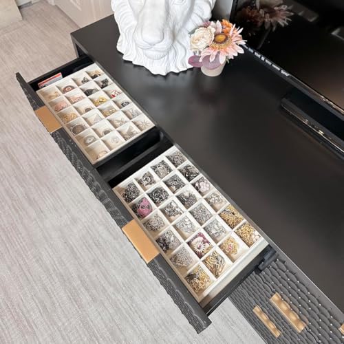 Coward 2PC Stackable 24 Gird Jewelry Organizer Tray Necklace Earring Box Storage Drawer Ring Bracelet Display Holder (beig...