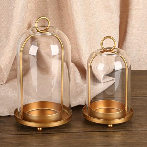 Vintage Brass Metal Candle Lantern with Thick Glass Dome – Set of 2 Shabby Chic Style Candle Holders (5.25"x10" & 4.5"x7.8...