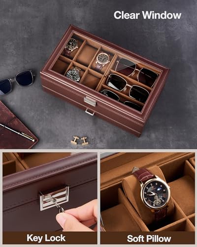ProCase Mens Jewelry Box, Lockable 6 Slot Watch Case & 3 Slot Sunglasses Organizer, 2-layer Mens Jewelry Organizer Watch B...