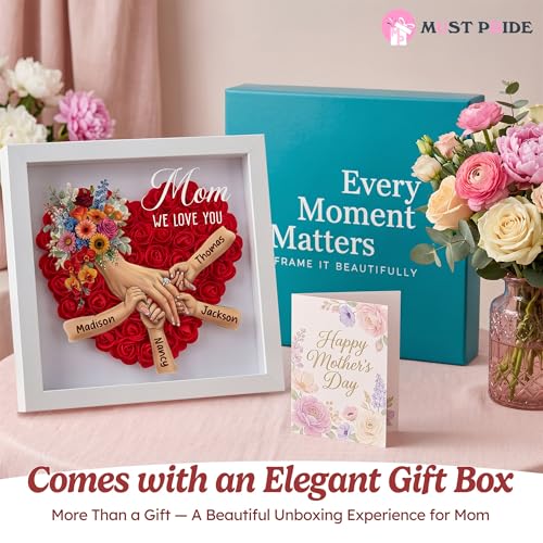 Personalized Mommy Holding Hands Flower Shadow Box with Ring & Manicure Custom Names Floral Heart Frame, Premium Gift for ...