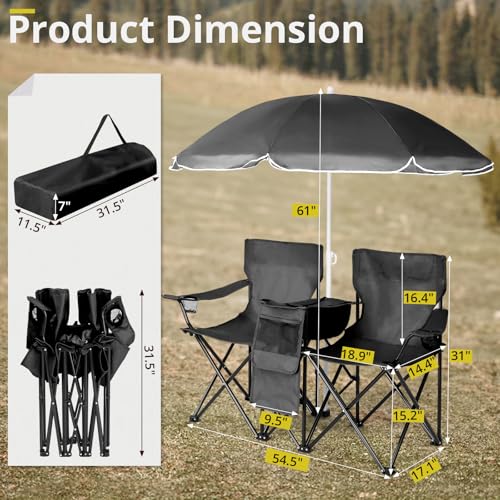 Outvita Folding Double Camping Chair w/Umbrella Beverage Holder Carrying Bag Cooler Fold Up Table, Large Bearing Capacity ...