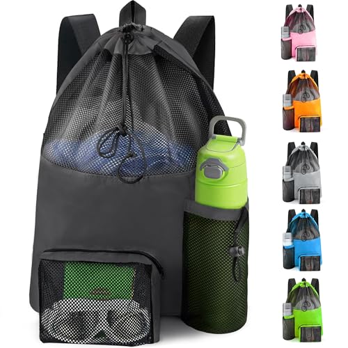 HOHOM Swim Mesh Beach Bag, Waterproof Gym Bags for Women and Men, Large Pool Bag Swimming Gear Drawstring Backpack
