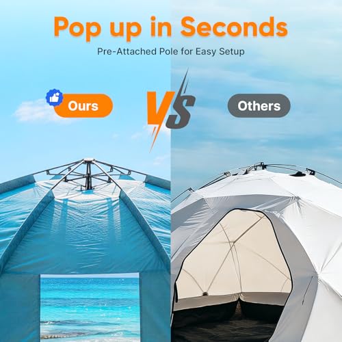 Golabs BT1 Pop up Beach Tent Sun Shelter for 3-Person, 1-Minute Setup by Pre-Attached Pole & UPF 50+, Beach Shade with Det...
