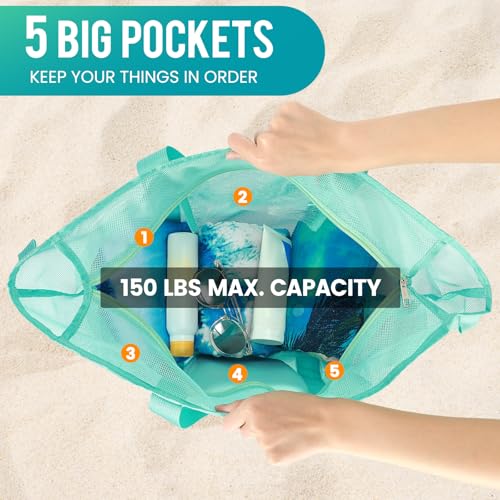 coclothy Mesh Beach Bag, Large Bag with Zipper Beach Bags for Women Waterproof Sandproof with 5 Pockets Green