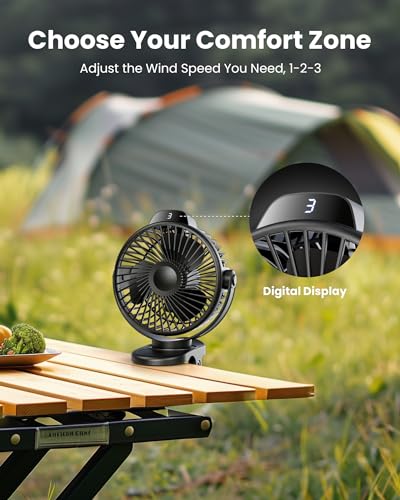 Koonie Portable Clip On Fan, Small Rechargeable Battery Operated, 3 Speed Mini clamp Fan With LED Display, 360° Rotate Per...