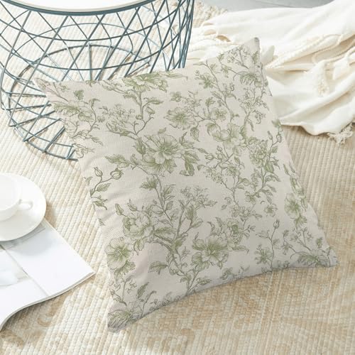 Sorktse Vintage Sage Green Pillow Covers 18x18 Set of 2 Chinoiserie Floral Throw Pillows Light Green Flower Pillowcase Lin...