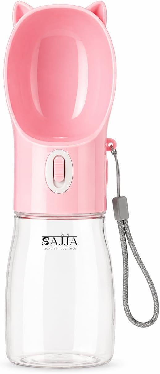 Dog Water Bottle Dispenser 380ml – Leak-Proof Lock, One-Hand Operation | Portable Pet Travel Water Bottle with Built-in Bo...