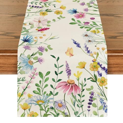 Artoid Mode Daisy Eucalyptus Lavender Floral Leaves Summer Table Runner, Spring Kitchen Dining Table Decoration for Home P...