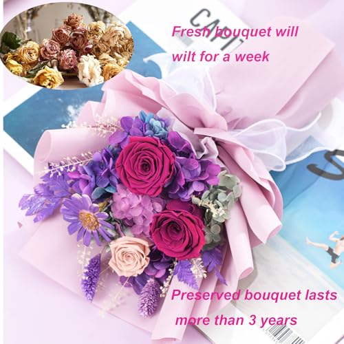 lovenfold Preserved Flowers for Delivery, Purple Rose Bouquets That Last 1-3 Years, Birthday Flowers Gifts for Women Mom G...