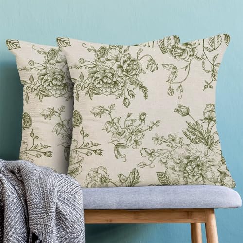 Jecuwo Spring Sage Green Floral Pillow Covers 20x20 Inch Set of 2, Chinoiserie Sage Green Flower Decorative Throw Pillowca...