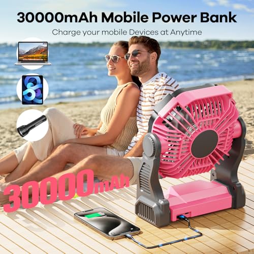 30000mAh Solar Fan with LED Lantern, 10W Solar Panel Rechargeable Battery Powered Camping Fan for Outside, 9 Inch Portable...