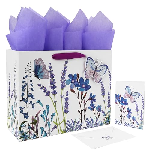 Qirrmiy 13" Large Purple Gift Bag Set with Greeting Card and Tissue Paper (Lavender and 3D Butterfly) Women's Birthday, Mo...