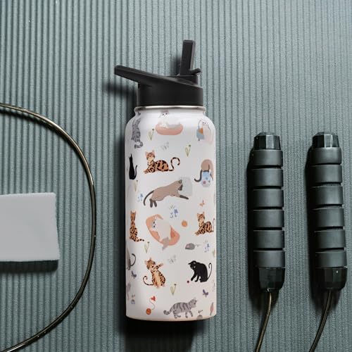 Insulated Water Bottle 32 oz, Cat Water Bottle with Straw and Lid, Reusable Leakproof Water Bottle Stainless Steel, Cat Lo...