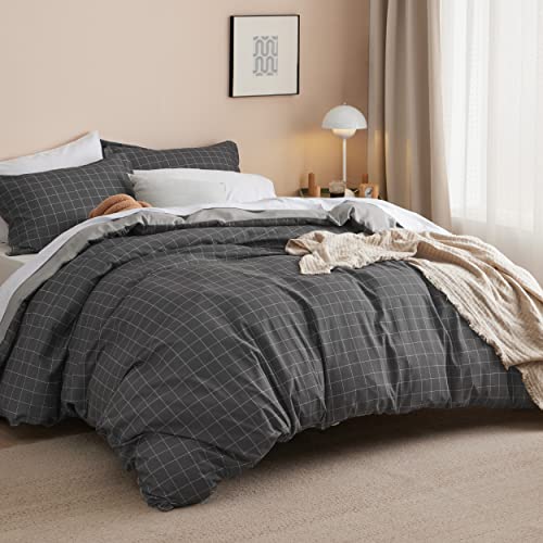 Bedsure Duvet Cover King Size - Reversible Plaid Duvet Cover Set with Zipper Closure, 3 Pieces Dark Grey Bedding Set with ...