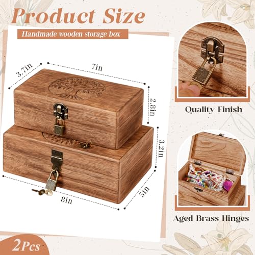 Vicenpal 2 Wooden Tree Keepsake Boxes with Lock, (8x5x3.2 inch & 7x3.7x2.8 inch), Handmade Decorative Treasure Chest Box, ...