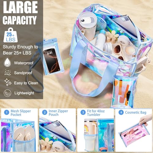 Bagstellar Iridescent Beach Tote Bags for Women, Large Zipper Beach Pool Swim Bag with Makeup Bag & Waterproof Phone Pouch...