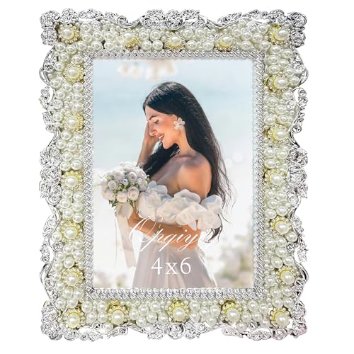 QPQIYIY 4x6 Pearl Picture Frame with Tempered Glass, Elegant Jewel Photo Frame with Rhinestones for Home Decor Tabletop Ho...