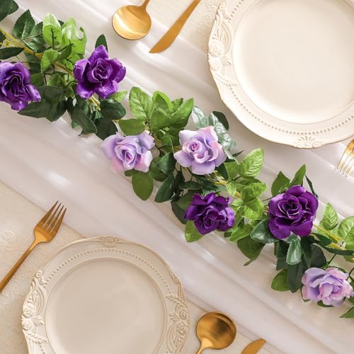 JUSTOYOU 2 Pack (15.8FT) Fake Rose Garland, Artificial Roses Vines Flower Garland Hanging Floral Vine Wedding Home Backdro...