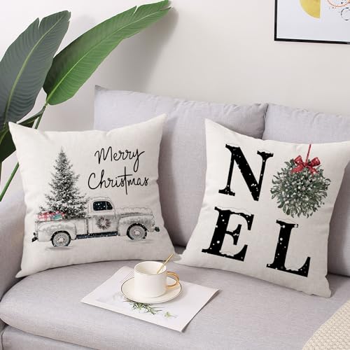 Coeufuedy Christmas Pillow Covers - 18x18 Inch Set of 4 Home Noel Truck Tree Holiday Cushion Covers Farmhouse Christmas De...