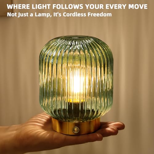 MJ PREMIER Rechargeable Table Lamp, Green Glass Lamp with Memory Function, Small Cordless LED Lamp with Dimmable Brightnes...
