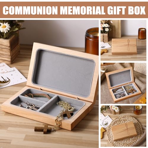 GlikCeil First Communion Keepsake Box, Engraved Wooden Rosary Box with Felt Lining, Catholic 1st First Holy Communion Gif...