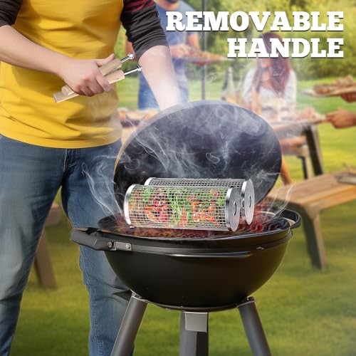 ivtivfu Rolling Grill Basket, Removable Wooden Handle, 304 Stainless Steel, Nesting BBQ Tools, Smoker Grilling Accessories...