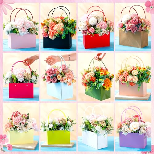 Geyoga 12 Pcs Mother's Day Flower Bags Boxes for Arrangements Kraft Paper Floral Wrapping with Handle Waterproof for Gradu...