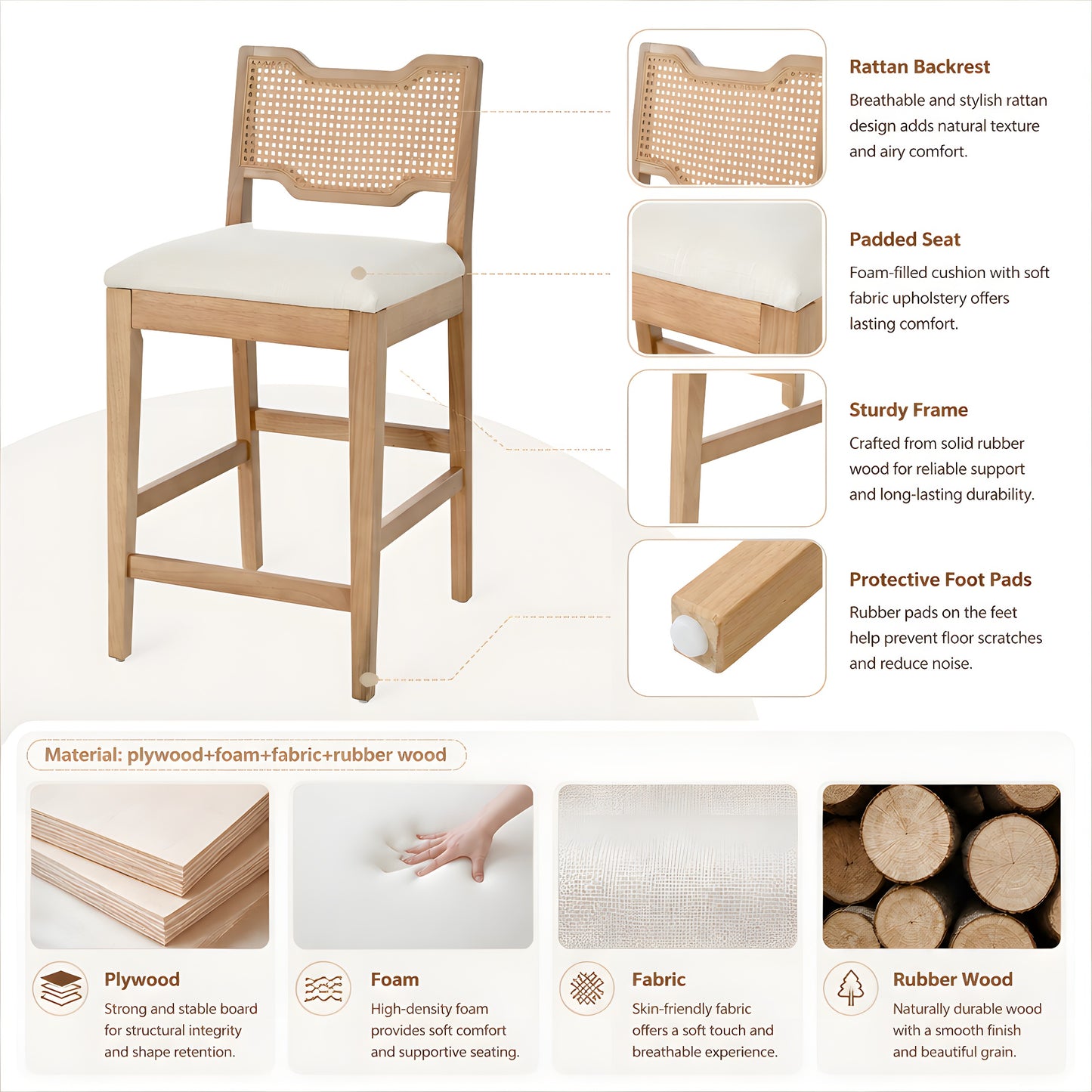 28  Farmhouse Barstools Set Of 2,Upholstered Armless Iron Counter Stools With Natural Rattan Backrest For Kitchen Dining Island Table,Beige
