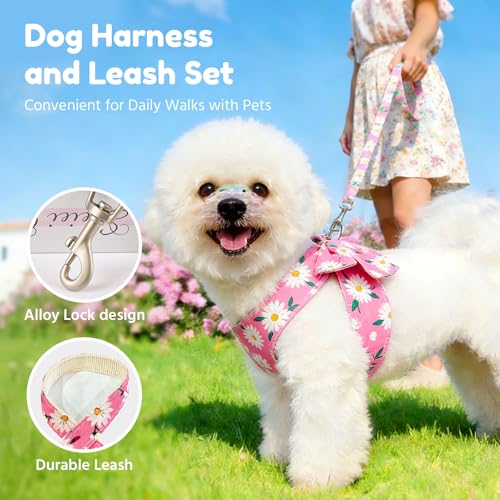 BAEJMJK Dog Harness and Leash Set with Bow Knot No Pull Pet Daisy Floral Harness with D-Ring Soft Mesh Dog Harness Vest Se...