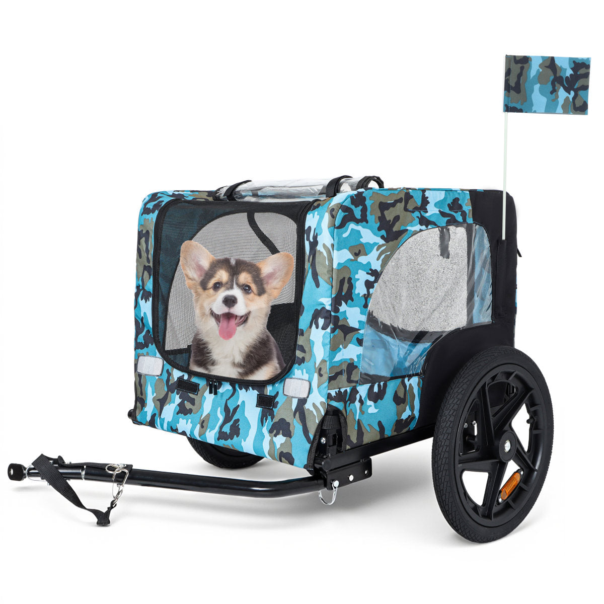 Outdoor Heavy Duty Collapsible Pet Bike Trailer With 16-Inch All-Terrain Wheels & Universal Hitch - Foldable Dog Cargo Carrier Cart For Bicycles, Blue Black