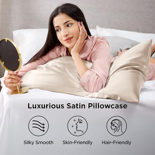 Bedsure King Size Satin Pillowcase Set of 2 - Beige Silky Pillow Cases for Hair and Skin with Envelope Closure, Similar to...