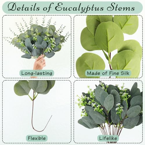 FENYUAN Eucalyptus Stems Bulk 60 Pcs, 4 Kinds Mixed Artificial Silver Dollar Eucalyptus Leaves Bundle Faux Greenery Branch...