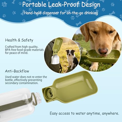 Legiuf Portable Dog Water Bottle-18 Oz Leak-Proof Green Water Bowl Dispenser for Walk Hiking or Travel
