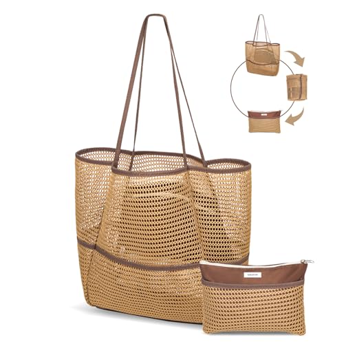 ToKismet Mesh Beach Tote Bag Packable,2026 New 2-in-1 Large Lightweight Foldable Beach Bags with Multiple Pockets for Women