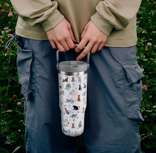 30oz Cat Tumbler with Handle and Straw, Reusable Stainless Steel Insulated Leak Proof Travel Coffee Mug, Cat Gifts for Women