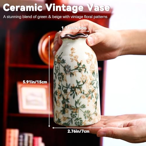 Ninehaoou Green Vintage Vase Ceramic Crackle Floral Vase for Farmhouse Retro Home Bookshelf Living Room Table Centerpiece ...