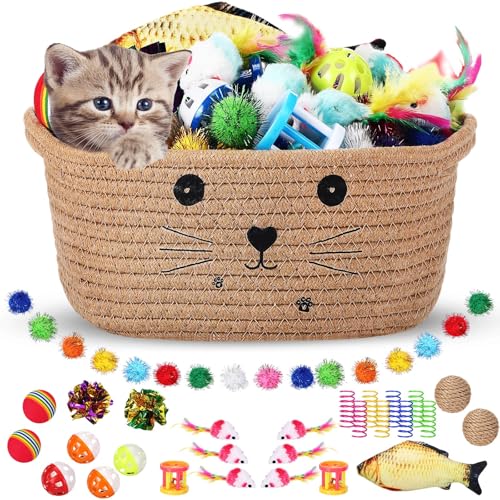 Zopeal 58 Pcs Mother’s Day Cat Storage Basket Gift Toys Set, Colorful Flashing Balls Pet Bell Crinkle Balls Spring Toys At...