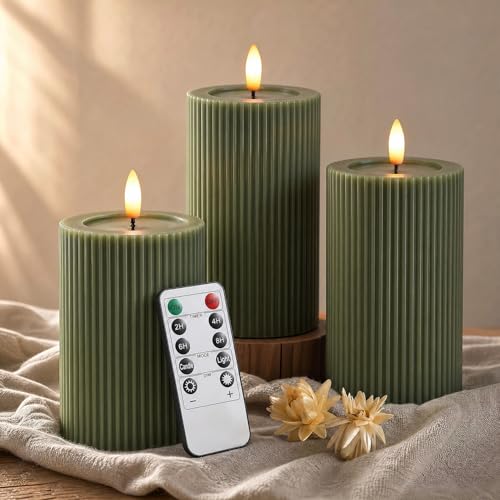 WYZworks Ribbed Fluted Real Wax Flameless LED Pillar Candles, Loden Sage Olive Green, Melted-Wax Top Look, Flickering Flam...