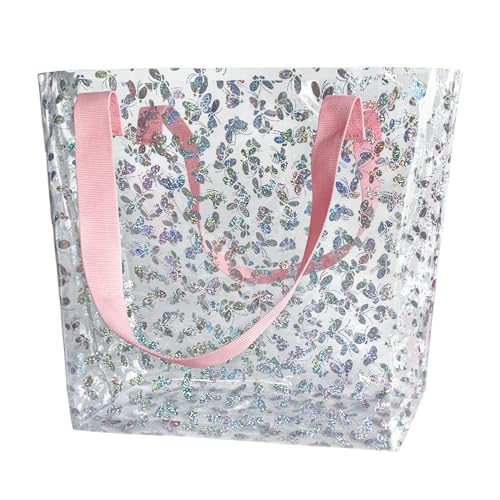 TotePrint Holographic Clear Tote Bag, Waterproof Beach Bag with Pink Handles, Large 11.8"x12.2"x4.3", TSA Compliant | Holo...