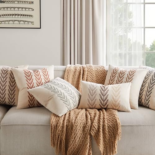 YZJZEDS 100% Cotton Farmhouse Leaves Throw Pillow Covers Set of 2, 18x18 Inch Mixed Beige Pastoral Decorative Print Cushio...