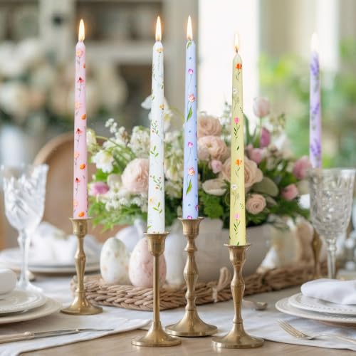 Conelist 6 Pcs 9.8" Floral Long Taper Candles Blue and White Porcelain Candlesticks Tall Smokeless Unscented Tapered Candl...