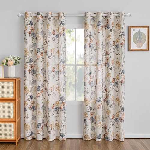 MYSKY HOME Floral Linen Curtains 84 inch Length 2 Panels Set Spring Flower Patterned Semi Sheer Light Filtering Privacy Fa...