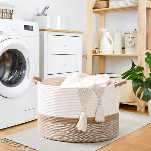 Degeyoyo 67L Large Blanket Basket, 20"x13" Woven Storage Baskets With Handle, Cotton Rope Blanket Basket Living Room, Baby...