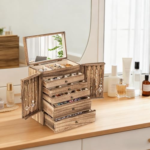 Emfogo Wooden Jewelry Box for Women, 6-Tier Large Jewelry Organizer Boxes with Mirror Rustic Solid Wood jewlery Storage Di...